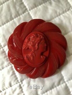 Vintage Original Rare Red Bakelite Base With Celluloid Cameo Brooch Pin