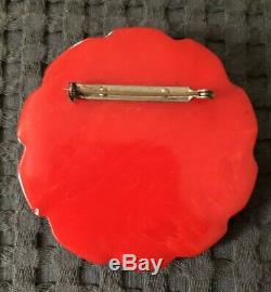Vintage Original Rare Red Bakelite Base With Celluloid Cameo Brooch Pin