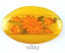 Vintage Oval Bakelite Pin Reverse Carved 3D Flowers Butterscotch Color
