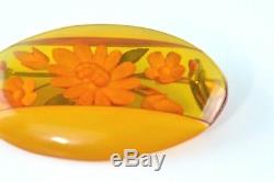 Vintage Oval Bakelite Pin Reverse Carved 3D Flowers Butterscotch Color