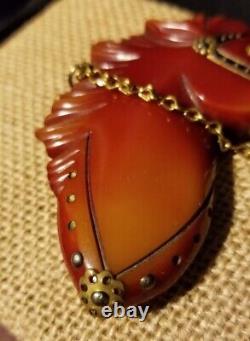 Vintage Over-Dyed Painted Bakelite Horse Brooch Pin Glass Eye Brass Accents