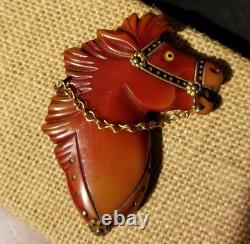 Vintage Over-Dyed Painted Bakelite Horse Brooch Pin Glass Eye Brass Accents