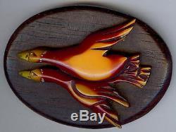 Vintage Overdyed Bakelite Carved Raised Flying Ducks On Wood Plaque Pin Brooch