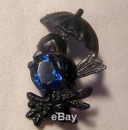 Vintage Painted Celluloid Black Whimsical Bird & Umbrella Crystal Pin Mourning