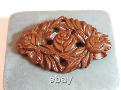 Vintage Plastic Deep Carved Tested Bakelite Rose Flower Brown Brooch Pin Ck 27