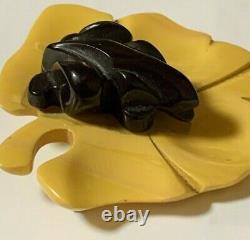 Vintage RARE Carved Bakelite Pin brooch Black Frog Yellow Leaf Beautiful RARE