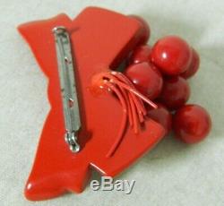 Vintage RED Carved Catalin Bakelite Bow with Cherries Brooch Pin Cherry Dangles