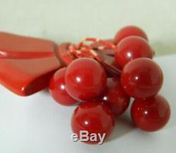 Vintage RED Carved Catalin Bakelite Bow with Cherries Brooch Pin Cherry Dangles