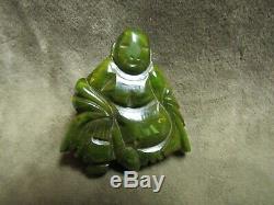 Vintage Rare 1930's Marbled Green Carved Bakelite Figural Pin Buddha Design