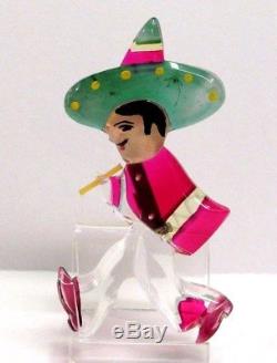 Vintage Rare 1940's Lucite Mexican Cowboy Figural Pin Brooch BOOK PIECE! MINT