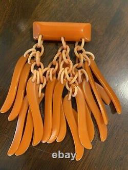 Vintage Rare Bakelite Bar brooch / Pin With Carved Dangling Pieces Orange Brooch