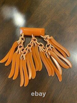 Vintage Rare Bakelite Bar brooch / Pin With Carved Dangling Pieces Orange Brooch