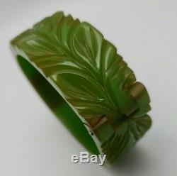 Vintage Rare Bakelite Bracelet Carved Hinged Unique Pin Latches Green Oxidized