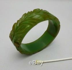 Vintage Rare Bakelite Bracelet Carved Hinged Unique Pin Latches Green Oxidized