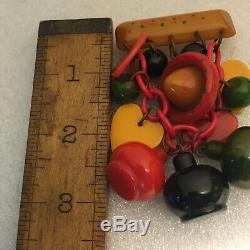 Vintage Rare Bakelite Dangle Heart Hat Jug Ball Chain Pin Brooch 3 1/2L By 2W