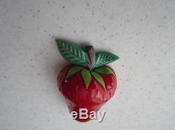 Vintage Rare Bakelite Red Strawberry Pin with Carved Hand Painted Leaves