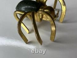 Vintage Rare Green Bakelite Gold Spider Pin Brooch Brass