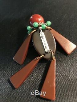 Vintage Rare Jointed Bakelite Pin Tribal Or Hawaiian With Green Lei