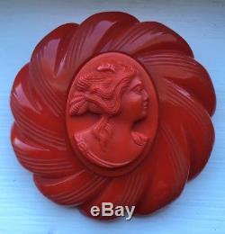 Vintage Rare Red Carved Bakelite Cameo Brooch Pin Immaculate