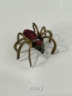 Vintage Rare Red Stone Spider Pin Brooch Brass