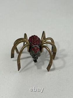 Vintage Rare Red Stone Spider Pin Brooch Brass