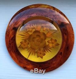 Vintage Rare Reversed Carved Bakelite Flower Brooch Pin Immaculate