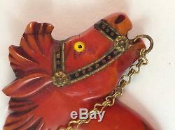 Vintage Rare Unique Red/orange Horse Head Brooch Pin Bakelite Must See