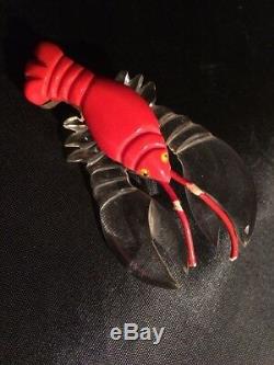 Vintage Red Bakelite And Lucite Lobster Pin. Rare