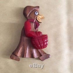 Vintage Red Bakelite And Wood Pivoting Arm Lady Bird Pin Brooch