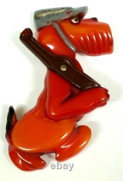 Vintage Red Bakelite Army Soldier Dog with Riffle and Articulated Arm Pin Brooch