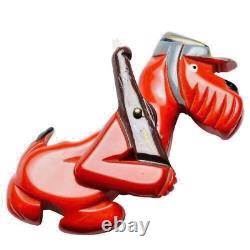 Vintage Red Bakelite Army Soldier Dog with Riffle and Articulated Arm Pin Brooch