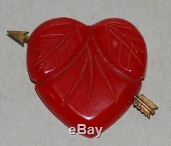 Vintage Red Bakelite Carved Heart Pin With Metal Cupid's Arrow Valentine Brooch