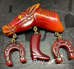 Vintage Red Bakelite Horse Figural Articulated 40s 50's Pin Brooch BOOK PIECE