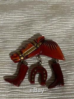 Vintage Red Bakelite Horse Pin Brooch Dangling Boots Horseshoe BOOK PIECE