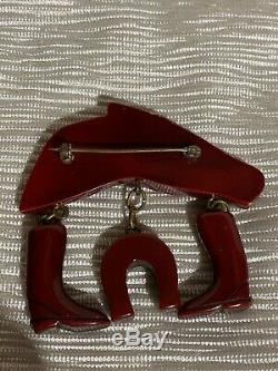 Vintage Red Bakelite Horse Pin Brooch Dangling Boots Horseshoe BOOK PIECE