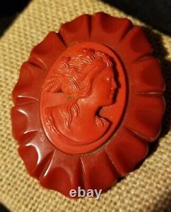 Vintage Red Bakelite Victorian Style Hand Carved Cameo Brooch Pin Rare