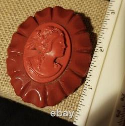 Vintage Red Bakelite Victorian Style Hand Carved Cameo Brooch Pin Rare