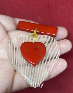 Vintage Red Bakelite White Lucite Heart Pin Brooch Wow Chrome Tested