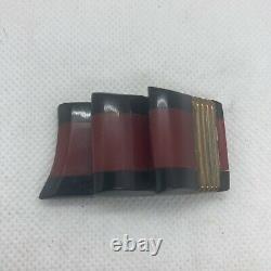 Vintage Red & Black Bakelite Ribbon Bowtie Brooch Pin 40's