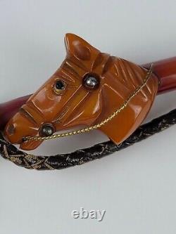 Vintage Red & Butterscotch Bakelite Horse Head Pin with Cane & leather whip
