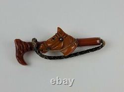 Vintage Red & Butterscotch Bakelite Horse Head Pin with Cane & leather whip
