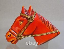 Vintage Red/Orange Carved Bakelite Horse Head Pin