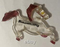 Vintage Red Shaded Hooves Hair Clear Horse Bakelite Celluloid Lucite Pin Brooch