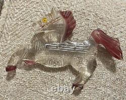 Vintage Red Shaded Hooves Hair Clear Horse Bakelite Celluloid Lucite Pin Brooch