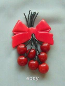 Vintage Retro 40's Bakelite 7 Cherries Ribbon Bow Pin REPAIR DONE 30 grams