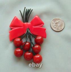 Vintage Retro 40's Bakelite 7 Cherries Ribbon Bow Pin REPAIR DONE 30 grams