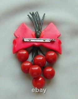 Vintage Retro 40's Bakelite 7 Cherries Ribbon Bow Pin REPAIR DONE 30 grams