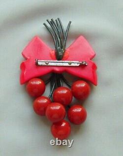 Vintage Retro Bakelite 7 Cherries Ribbon Bow Pin REPAIR WAS DONE