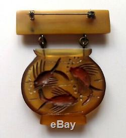 Vintage Reverse Carved Applejuice Bakelite Fishbowl Dangling Pin Brooch