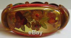 Vintage Reverse Carved Floral Apple Juice & Red Bakelite Oval Pin & Bracelet Set
